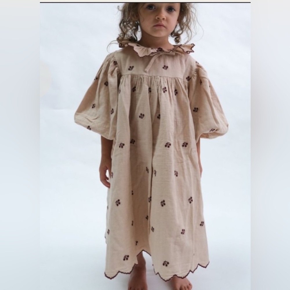 NWT Girls Beige Embroidered Cotton Dress with Ruffled Collar - Picture 3 of 12